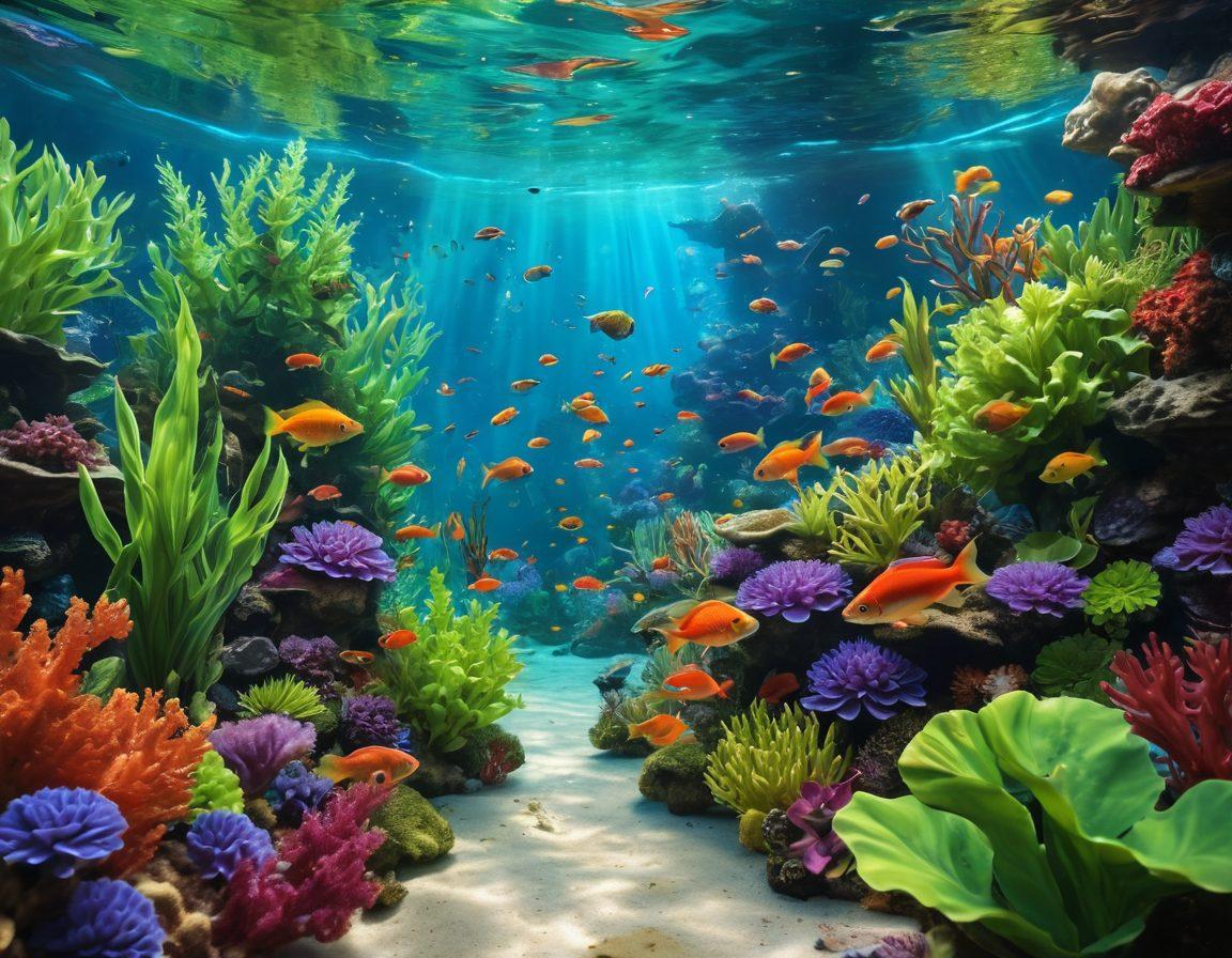 A vibrant underwater scene featuring a variety of colorful fish swimming among lush green aquatic plants and coral reefs. Include an aquarium enthusiast observing the underwater world from the side, with tools and a notebook in hand highlighting tips and tricks. Bubbles rise gently to create a lively atmosphere. The lighting should mimic sunlight filtering through water, casting shimmering reflections. super-realistic. vibrant colors. 3D.