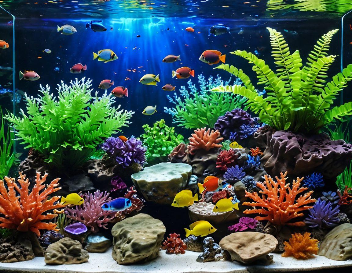 An intricately designed aquatic environment featuring vibrant coral reefs, various tropical fish swimming gracefully around, and a serene underwater landscape with flowing plants and rocks. Include essential equipment like a filter and a bubbling air stone subtly integrated into the scene. The atmosphere should be tranquil and inviting, showcasing the beauty of nature in an aquarium. super-realistic. vibrant colors. 3D.