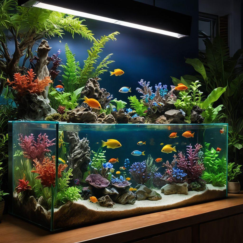 A vibrant aquarium scene showcasing a diverse group of aquarium enthusiasts gathered around a large, beautifully decorated fish tank, joyfully discussing aquatic life. Include tropical fish swimming among lush greenery and coral, with tools and books strewn about, portraying a sense of community learning. Bright, inviting colors create an engaging atmosphere. super-realistic. vibrant colors. warm lighting.